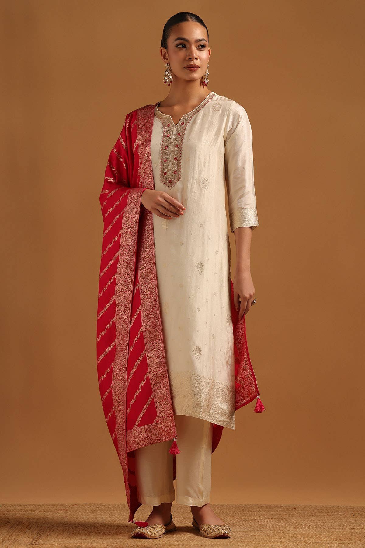 Cream Russian Silk Woven Design Salwar Suit With Zardosi Embroidery And Sequence Work