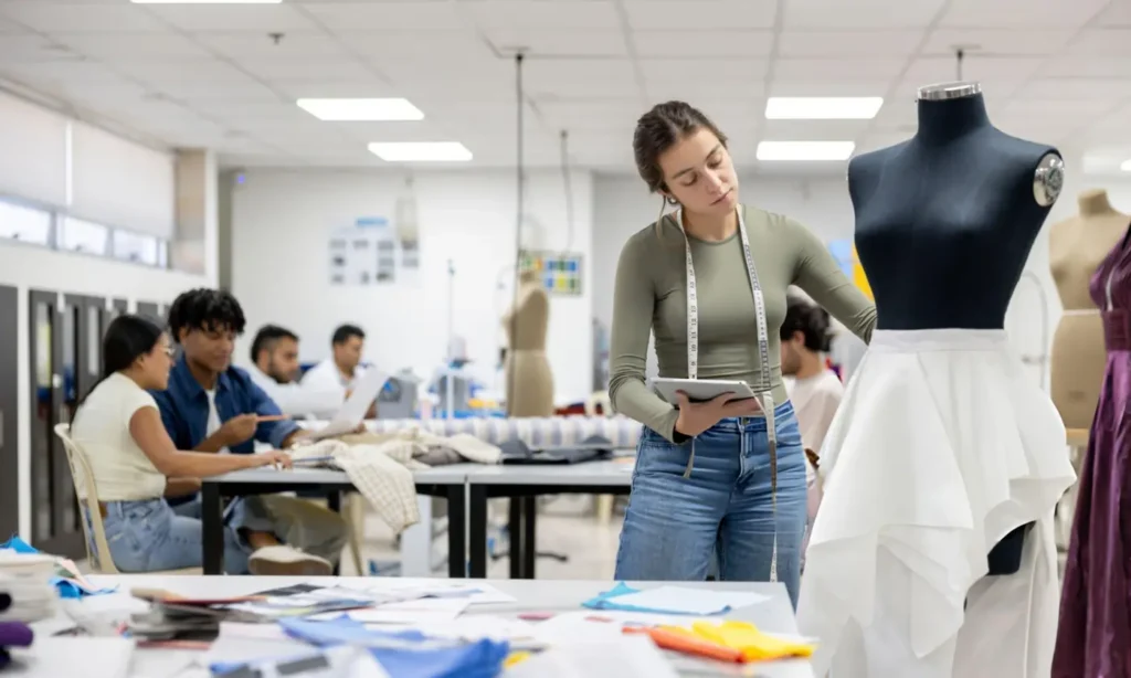 Fashion designer using tablet to drape white fabric on mannequin in design studio workshop.