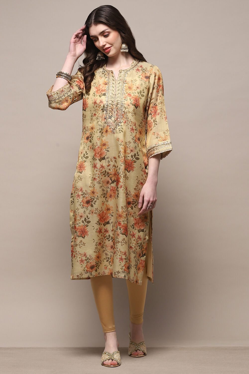 Beige Polyester Straight Kurta
