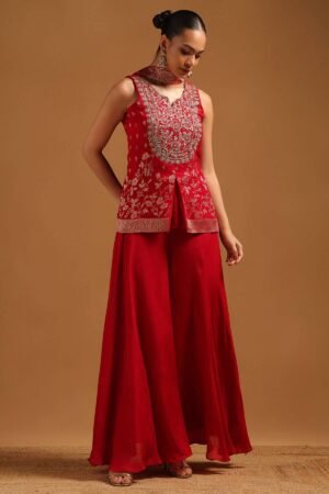 Fuchsia Brocade Ethnic Motifs Salwar Suit With Machine Embroidery And Mirror Work