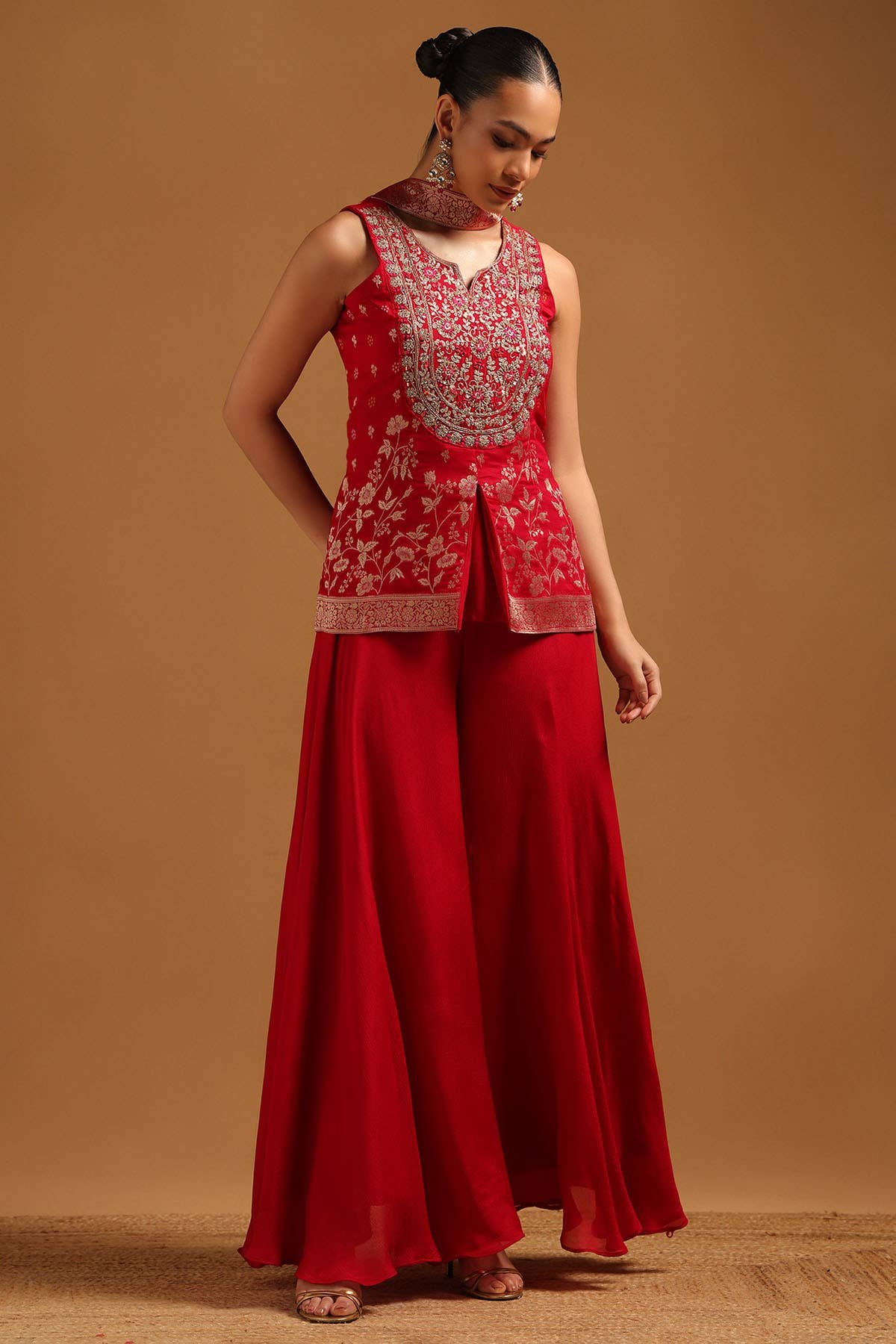 Fuchsia Brocade Ethnic Motifs Salwar Suit With Machine Embroidery And Mirror Work