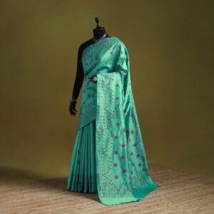 Green - Bengal Hand Embroidered Silk Nakshi Kantha Saree 07