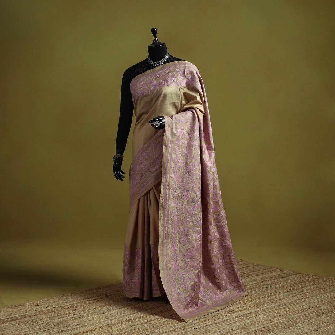 Green - Bengal Hand Embroidery Bangalore Silk Handloom Kantha Saree 04