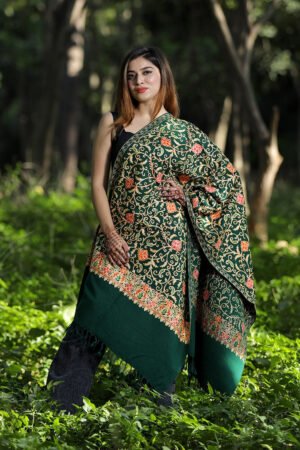 Green  Colour Wolen Base With Rich All Over Kashmiri Jaal Express Elegance And Style.