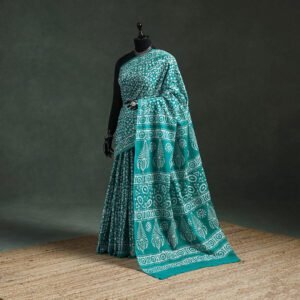 Green - Pure Mul Cotton Hand Block Batik Print Saree 55