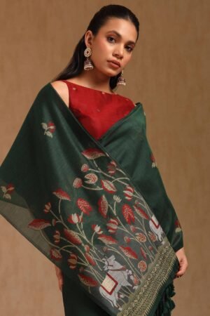 Green Chanderi Pichwai Print Saree