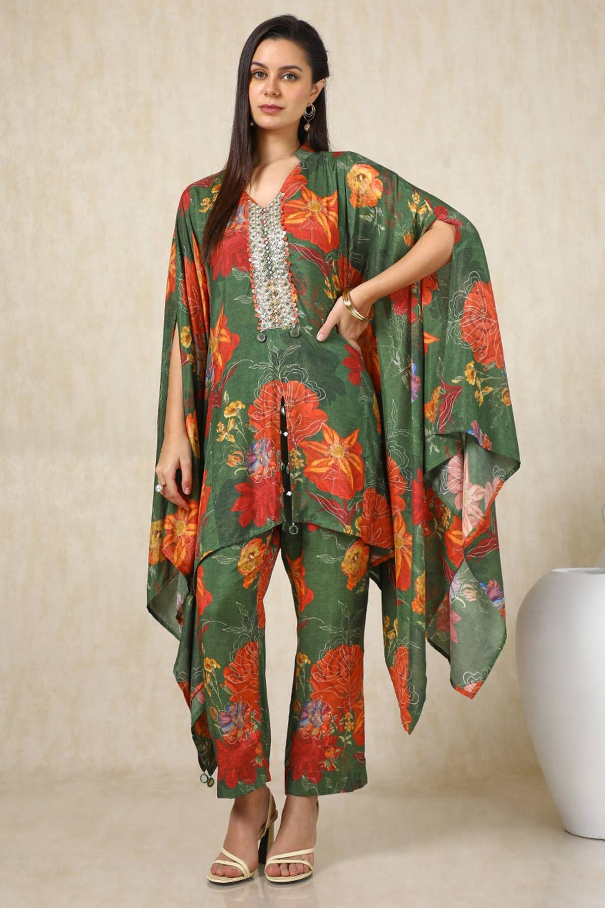 Green Floral Print Viscose Muslin Kaftan Suit With Mirror Work