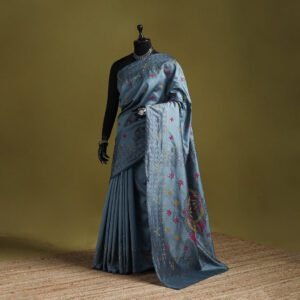 Grey - Bengal Hand Embroidered Silk Nakshi Kantha Saree 08