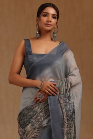 Grey Chanderi Digital Print Saree