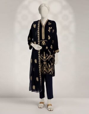 Blue Velvet Embroidered 3pc Stitched