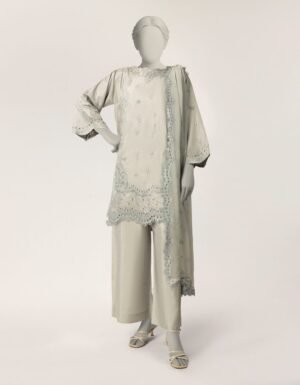 Grey Raw Silk Embroidered Stitched 3pc