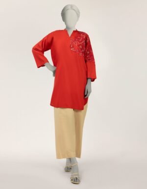 Red Dobby Embroidered Kurta