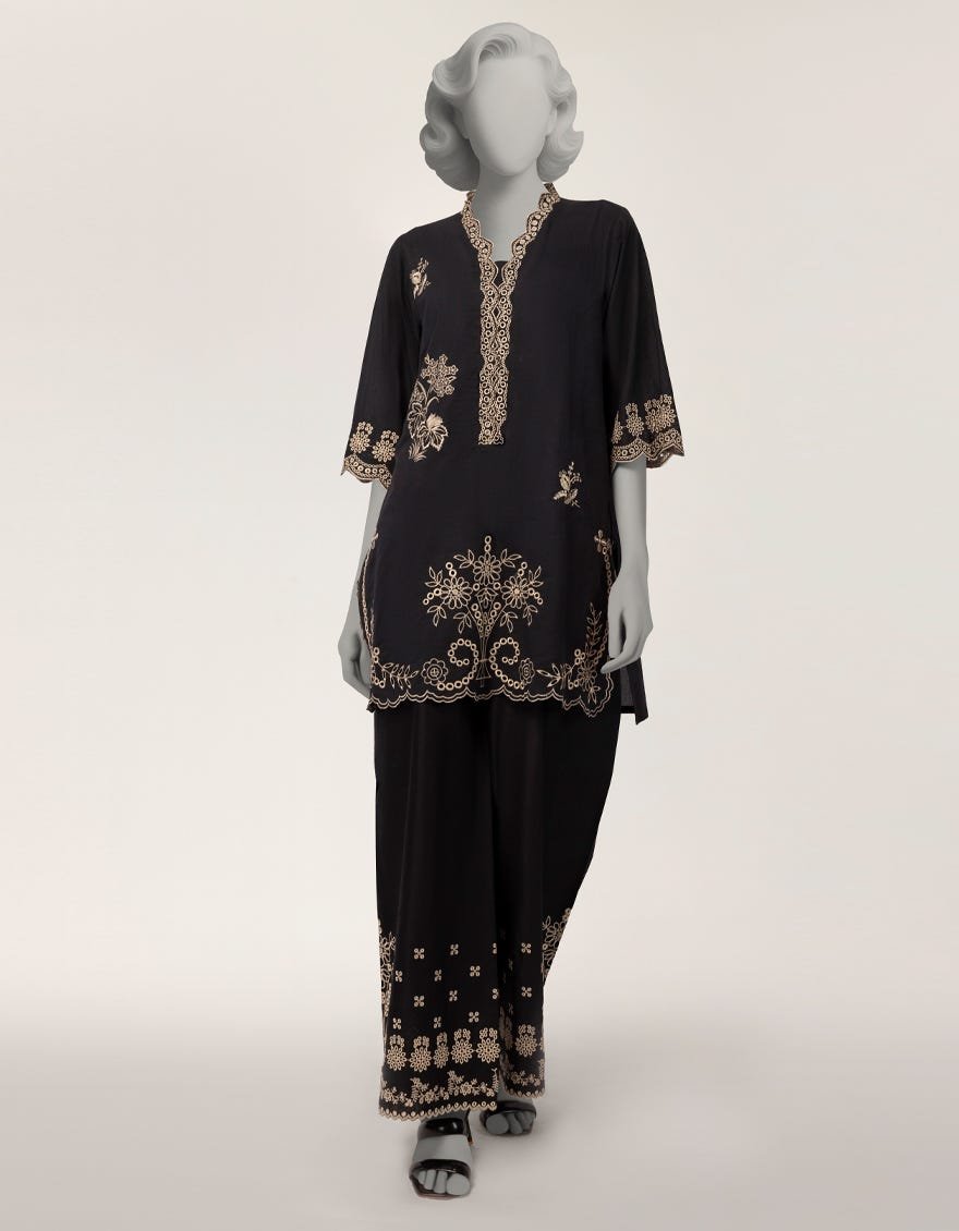 Black Lawn Schiffli Co-Ord Set