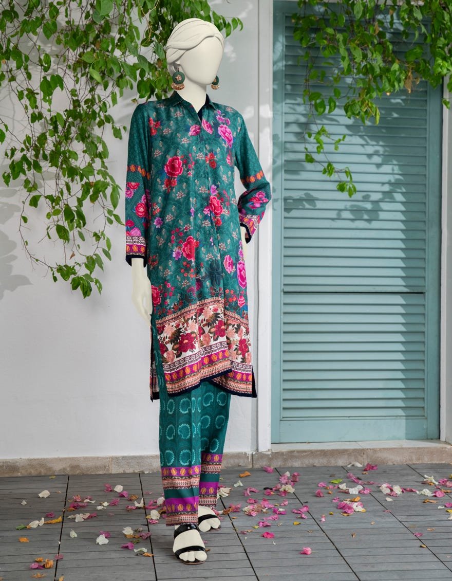 Green Silk Printed 2pc Stitched