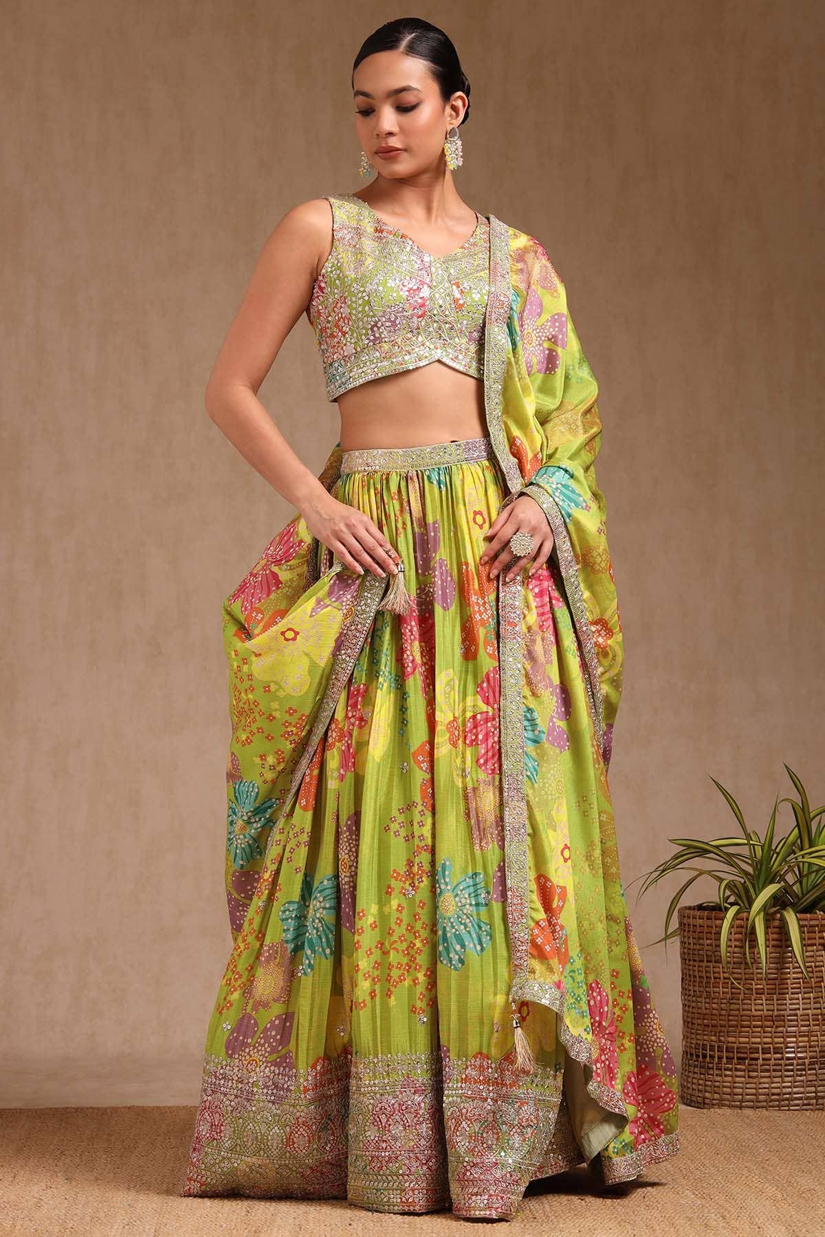 Light Green Chinon Blend Floral Print Ghagra Choli With Sequins