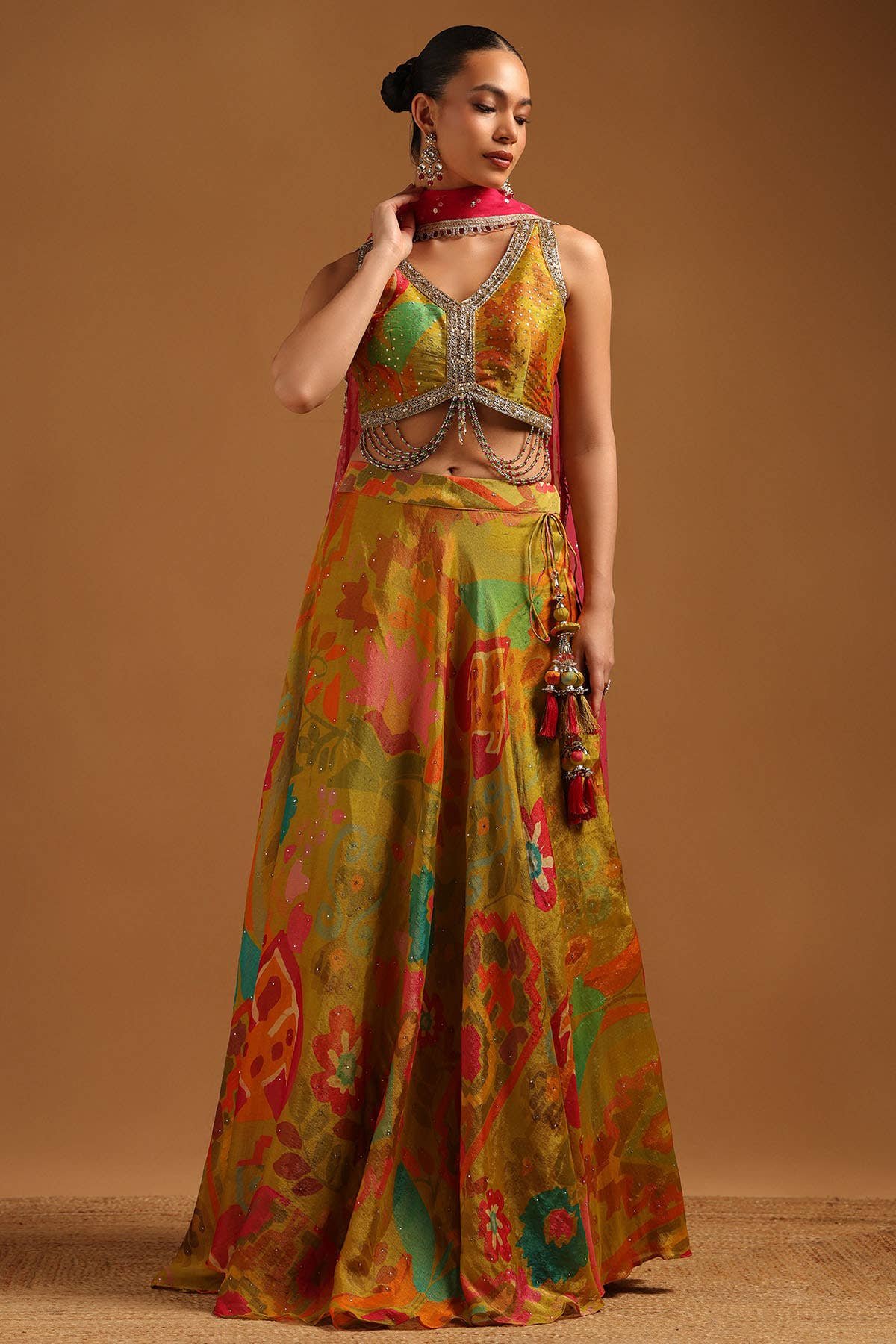 Light Green Tissue Embellished Ghagra Choli With Machine Embroidery And Sequin Details