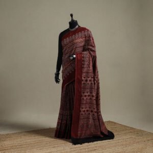 Maroon - Handloom Natural Dyed Hand Block Print Maheshwari Cotton Ajrakh Saree With Tassels 05