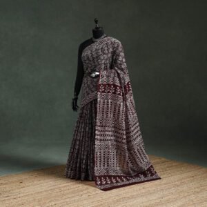 Maroon - Pure Mul Cotton Hand Block Batik Print Saree 60