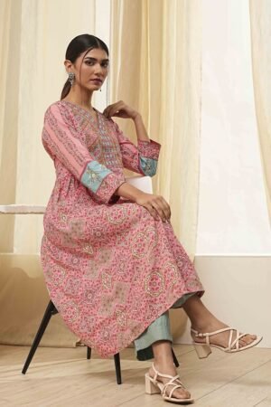 Pink Pure Cotton Printed A-Line Kurta