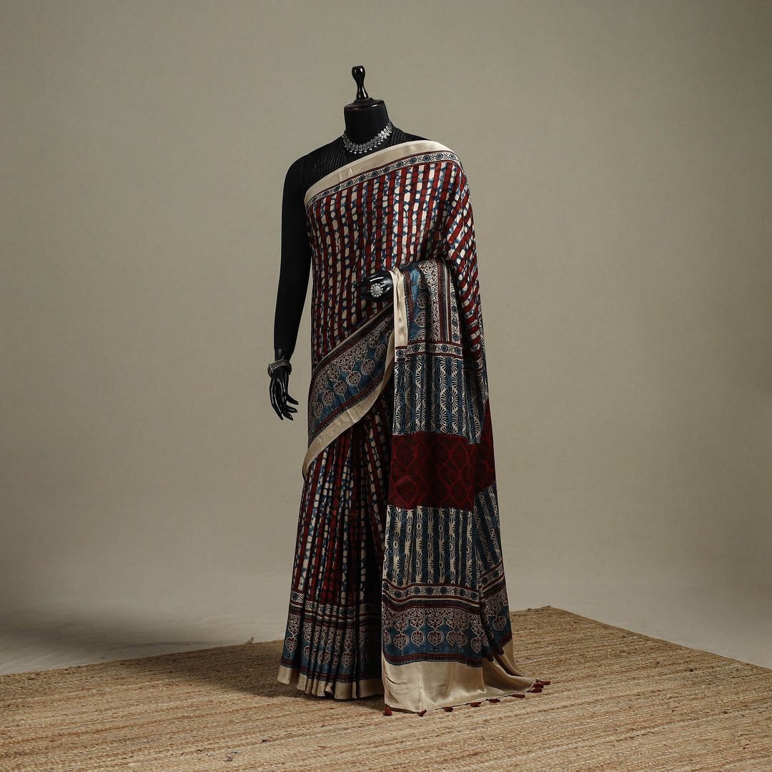 Multicolor - Natural Dyed Hand Block Print Modal Silk Ajrakh Saree With Tassels 15
