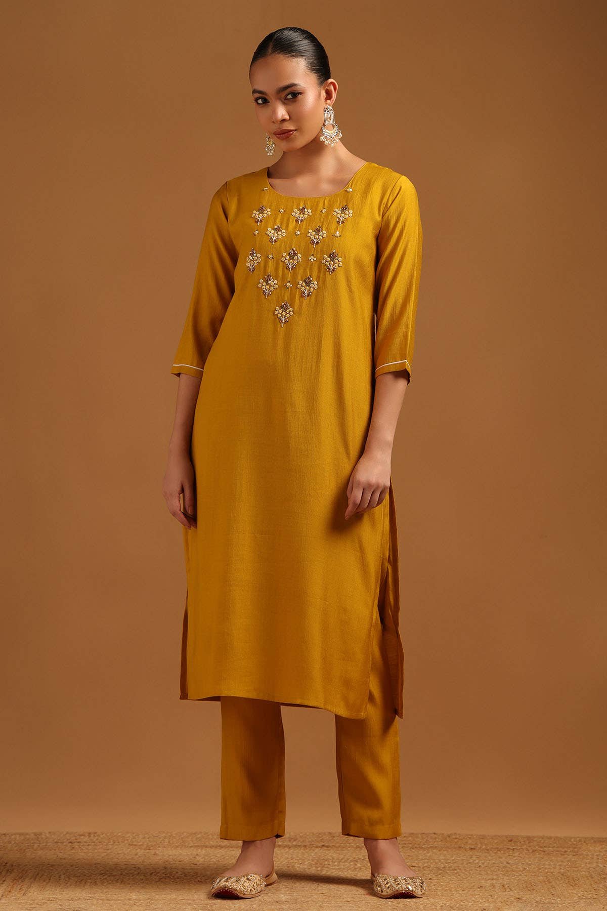 Mustard Desert Storm Solid Kurta Set With Bead Details