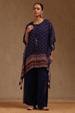 Navy Blue Chinon Ethnic Motifs Kaftan Suit With Faux Mirror