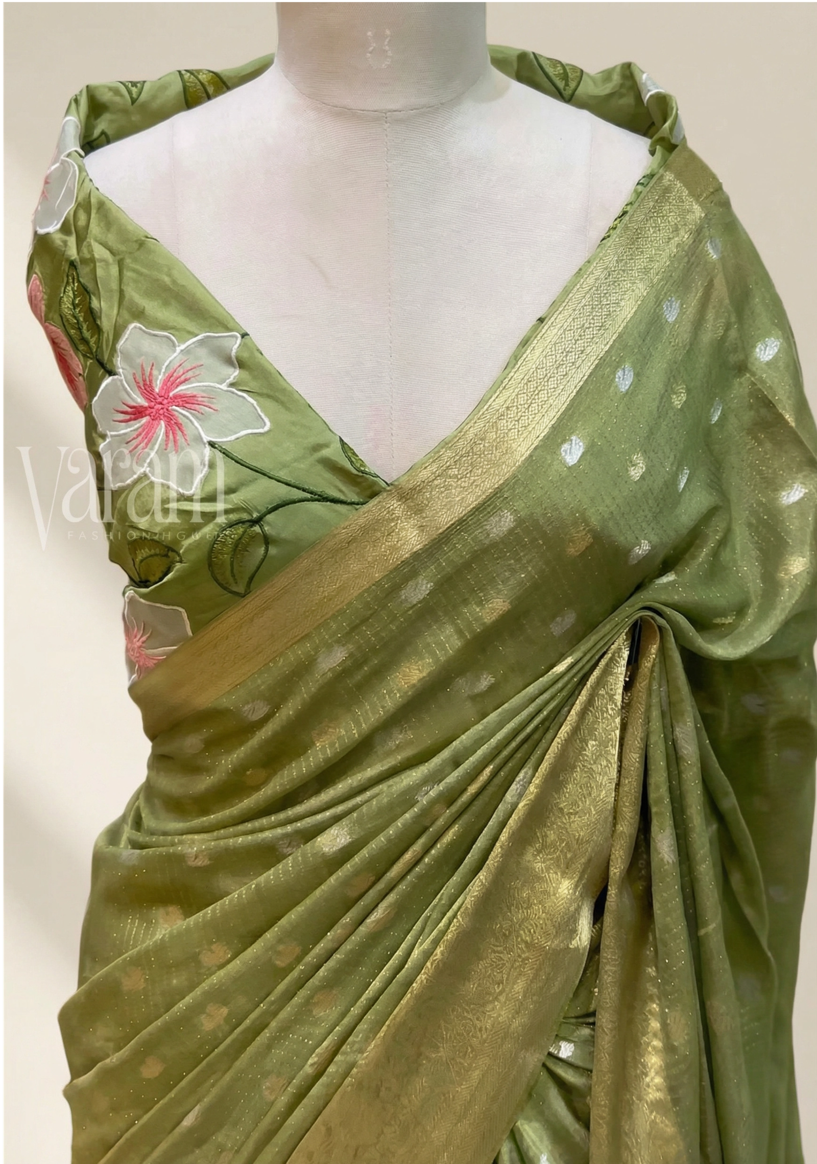 Bloom & Zari: Pure Chinnon Zari Lines Saree With Floral Applique Blouse | Festive