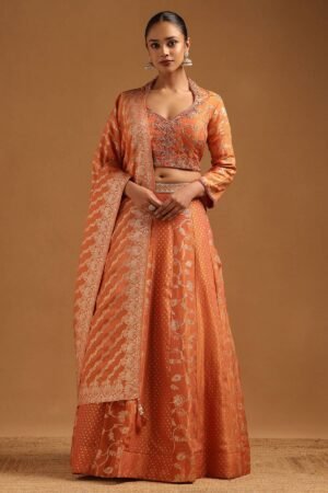 Orange Brocade Floral Lehenga Choli With Zardosi