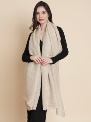 Pashtush Womens Womens Wool Extra Fine Count Geometric Twilight Collection Soft Metallic Thread Woven Ivory