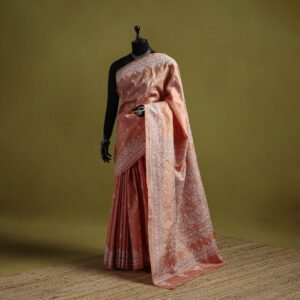 Peach - Bengal Hand Embroidery Bangalore Silk Handloom Kantha Saree 05