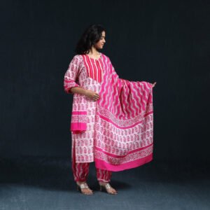 Pink - Hand Block Batik Print Cotton Suit Set With Dupatta For Women 18
