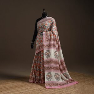 Pink - Hand Block Print Merino Wool Sanganeri Saree 01