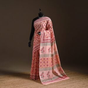 Pink - Mul Cotton Hand Block Print Sanganeri Saree 07