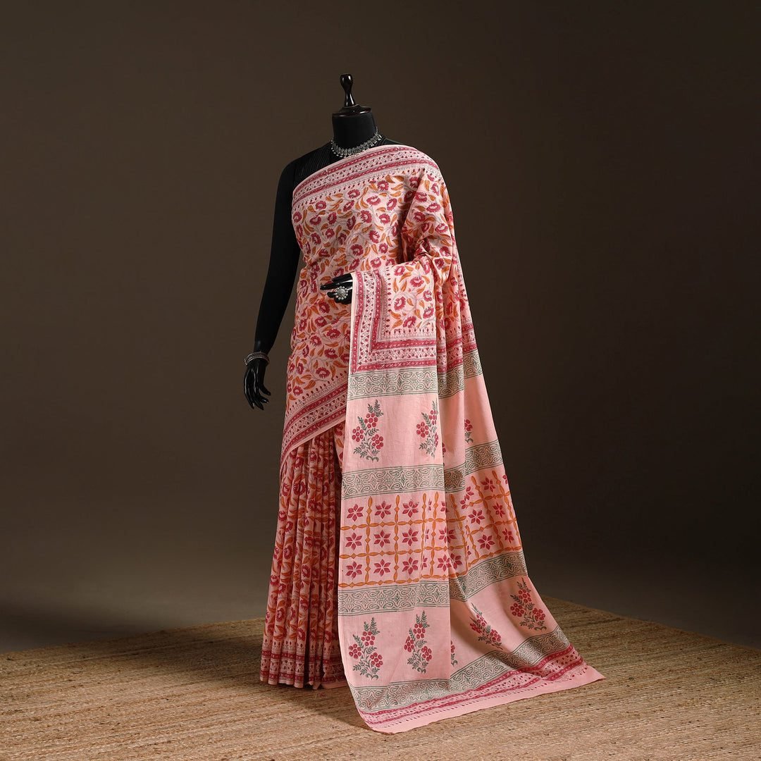 Pink - Mul Cotton Hand Block Print Sanganeri Saree 07