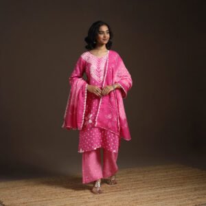 Pink - Tie-Dye Cotton Bandhani Kurta Set (set Of 3) 06