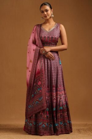 Pink Russian Silk Botanical Lehenga Choli With Mirror Work