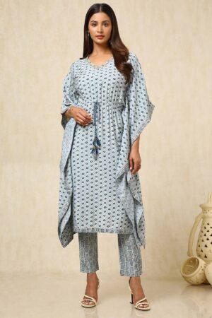 Powder Blue Muslin Blend Abstract Print Kaftan Suit Set With Zardozi