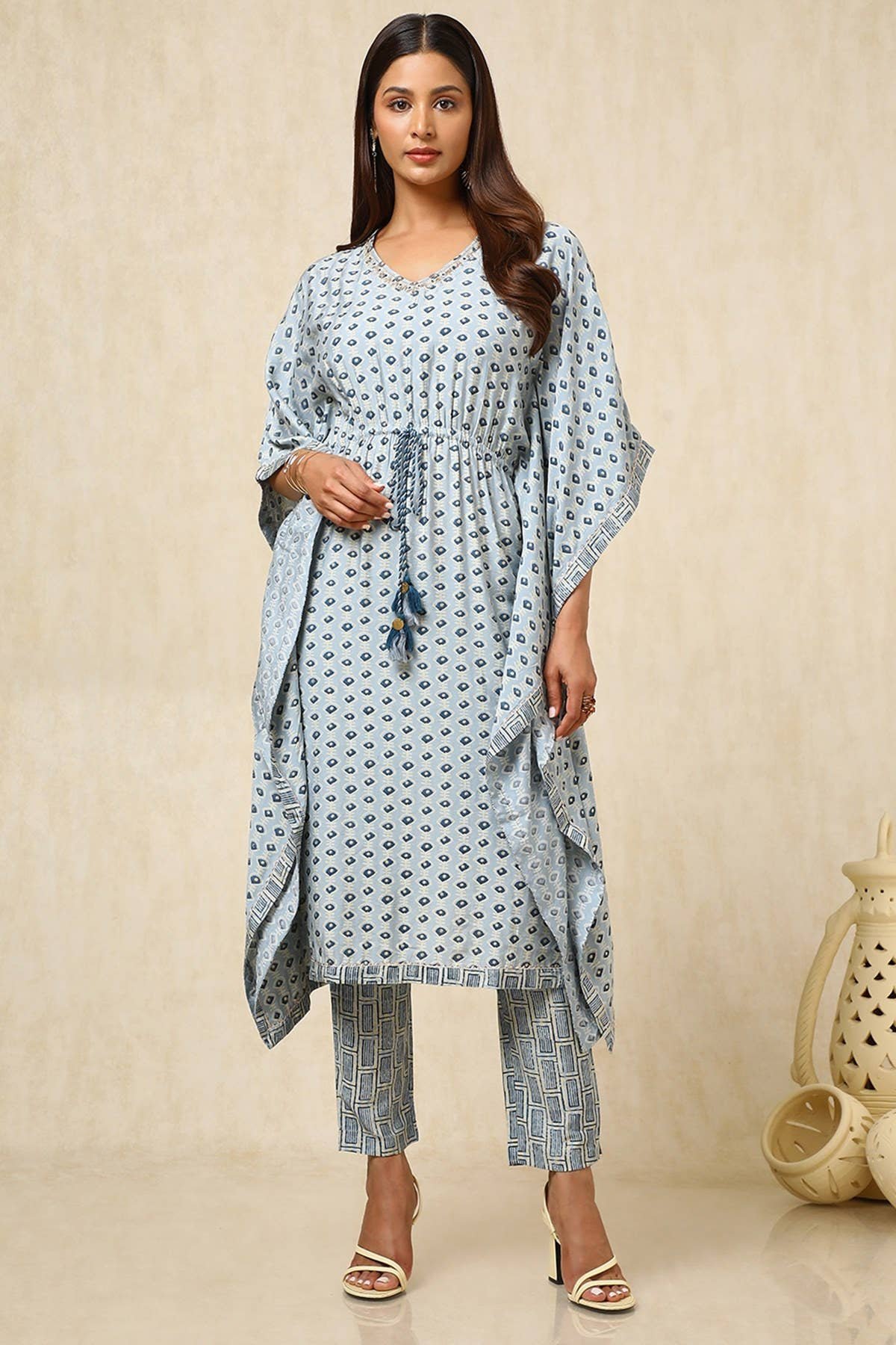 Powder Blue Muslin Blend Abstract Print Kaftan Suit Set With Zardozi