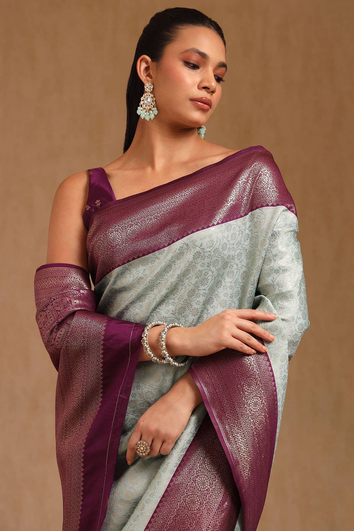 Powder Blue Silk Blend Zari Woven Saree With Zari Woven