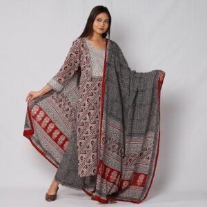 Red - Bagh Block Printed Cotton Kurta With Palazzo & Dupatta Set 14
