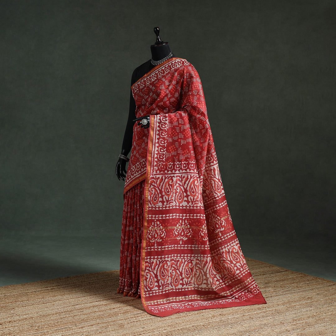 Red - Chanderi Silk Hand Block Batik Print Saree 77