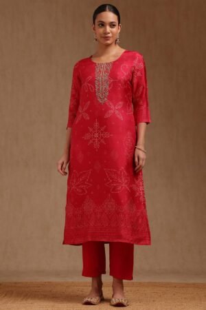 Red Russian Silk Ethnic Motifs Kurta Set With Cutdana