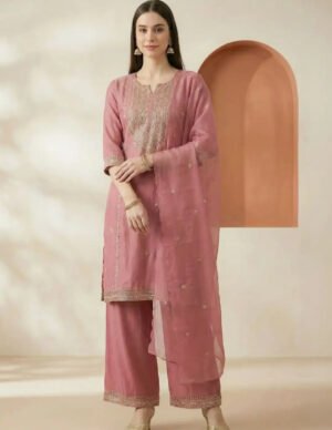 Soft-Pink Embroidered Thread Work Kurta Set