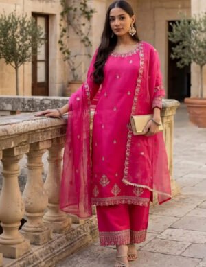 Rani Pink Embroidered Thread Work Kurta Set