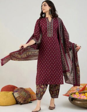 Maroon Ethnic Motifs Printed Cotton Kurta Set