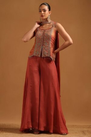 Rust Tissue Embroidered Salwar Suit With Sequin Details