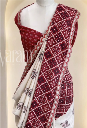Mul Cotton Ajrakh Border Lace Saree