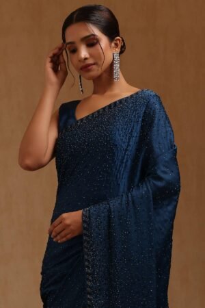 Blue Crepe Saree With Stone Work