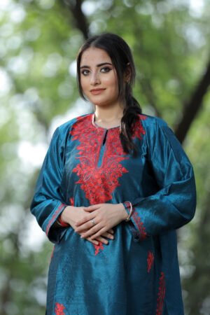 Teal Blue Colour Rayon Silk  Kurti With Beautiful Aari Embroidery Gives Attractive Look To The Wearer.