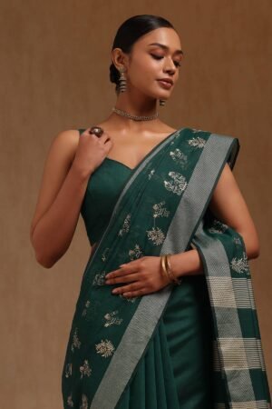 Teal Green Chanderi Warli Embroidered Saree With Thread Work